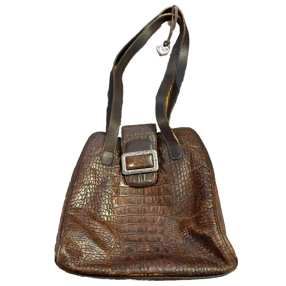 Brighton Croc Embossed Brown Patent Shoulder Purse ( well-loved see pics)‎